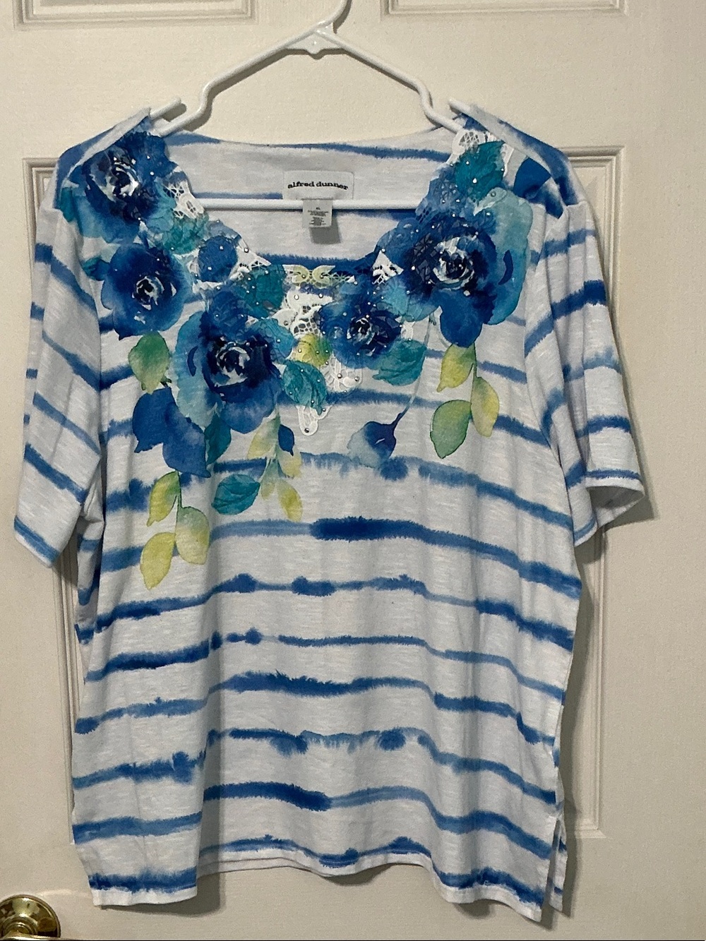 Alfred Dunner White and Blue Striped Tee with Blue Floral Neckline